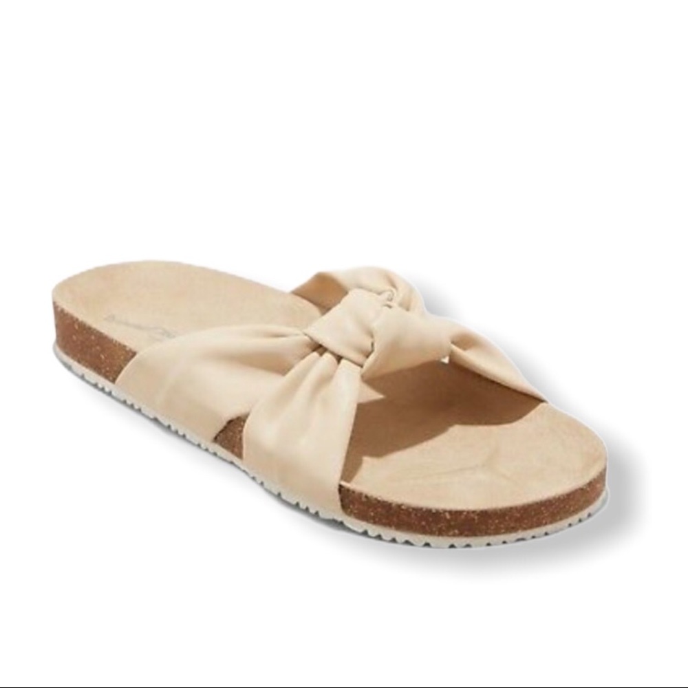 Leather Cork Bow Slip on Footbed Sandals